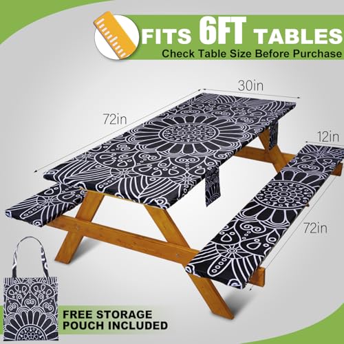 Fitted Picnic Table Cover with Bench Covers Vinyl Waterproof Elastic Edges Fitted Rectangle Tables Patio Tablecloth Camping Gear and Essentials Rv Accessories Road Trip Supplies Car Travel Must Haves - color: Black Mandala, size: 72in