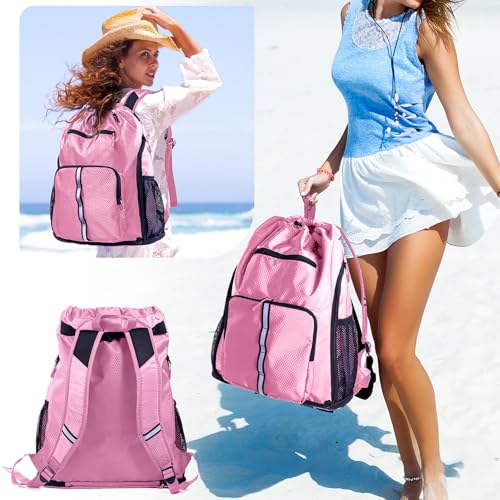 Large Beach Backpack Waterproof Sandproof - Customized Oversized Drawstring Pool Bag with Shoe Compartment for Toiletries, Towels, Gym, Travel - color: Light Pink
