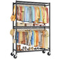 Sakugi Clothes Rack - Double Hanging Rod Clothing Rack with Wheels & Leveling Feet, Large Capacity Wardrobe Closet with Shelves for Bedroom, Laundry Room, Entryway, 45.2" x 12.6" x 80.7", Black - color: Black, size: XX-Large