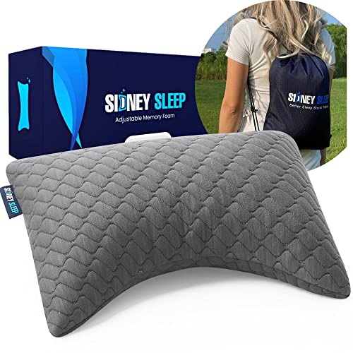 Sidney Sleep Mini Travel Size Neck Pillow - Knee, Back Lumbar and Support - Small Curved Pillow - 14 x 19 Inches - Adjustable Loft - Washable - Drawstring Backpack Included (Mini - Grey) - color: Grey, size: Travel Mini