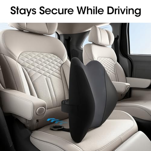 Lumbar Support Pillow for Car Seat – High-Density Memory Foam, Provides Comfort for Long Drivers, Relieves Lower Back Discomfort, Adjustable Strap Stays Put, Fits Most Cars, SUVs & Trucks (Black)