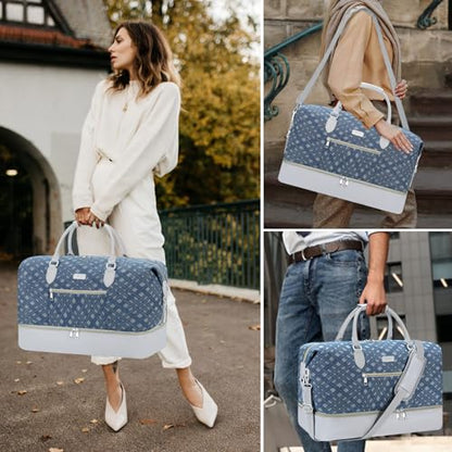 ITIEZY Weekender Overnight Bag for Women - Large Travel Duffel Bag with Shoe Compartment, Gym Duffel Bag Hospital Bag Carry On Tote Bags for Airplanes with Crossbody Bag Toiletry Bag 3Pcs Set - color: 8a-Light blue