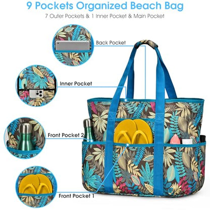 Becokan Beach Bags for Women Large Beach Tote Bag with Zipper Pockets Beach Bag Waterproof Sandproof Travel Nurse Tote Bag - color: Leaves