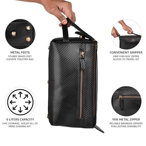 LEATHER VILLAGE Genuine Carbon Fiber Genuine Leather Travel Toiletry Bag - Large Dopp Kit, Water-Resistance Bathroom & Shaving Organizer for Men & Women - Black - color: Carbon Black