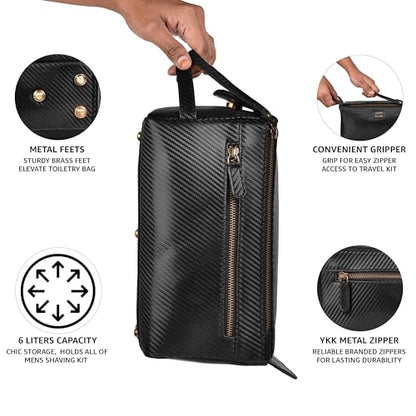 LEATHER VILLAGE Genuine Carbon Fiber Genuine Leather Travel Toiletry Bag - Large Dopp Kit, Water-Resistance Bathroom & Shaving Organizer for Men & Women - Black - color: Carbon Black
