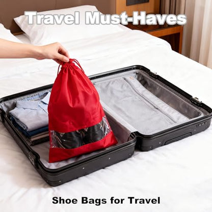 20 Pack Shoe Bags for Travel, 17" x 12.6" Drawstring Shoe Organizers with Clear Window, Breathable Non-Woven Dustproof Pouches for Luggage & Closet (Red) - color: Red