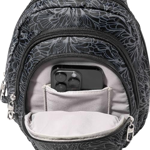 Baggallini Securtex® Anti-Theft Multi Zip Sling - Lightweight 8.6"x15.2" Travel Bag with Locking Zippers & RFID Protection - color: Midnight Blossom