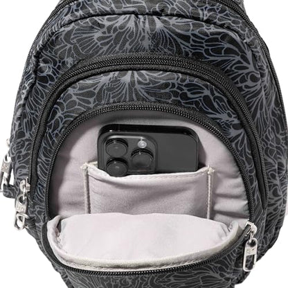 Baggallini Securtex® Anti-Theft Multi Zip Sling - Lightweight 8.6"x15.2" Travel Bag with Locking Zippers & RFID Protection - color: Midnight Blossom