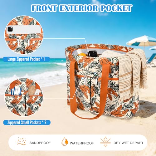 HUANLANG Large Beach Bags for Women Pool Bag with Zipper, Waterproof Sandproof Beach Tote Travel Bag with Wet Pocket - color: Orange Floral