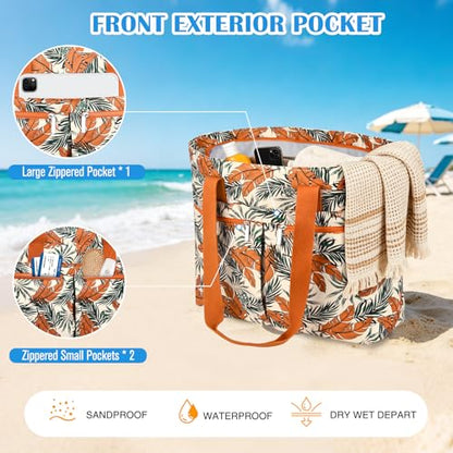 HUANLANG Large Beach Bags for Women Pool Bag with Zipper, Waterproof Sandproof Beach Tote Travel Bag with Wet Pocket - color: Orange Floral