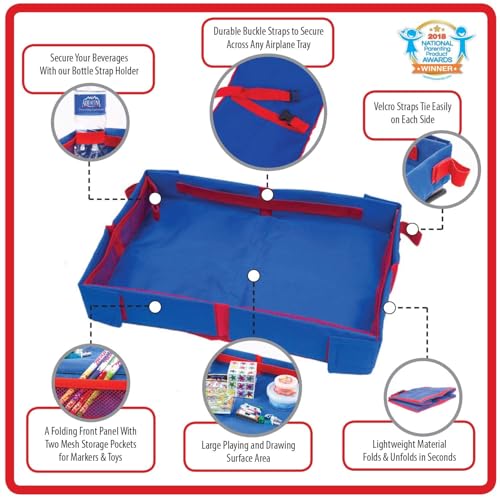 Fun N Fly Foldable Airplane Tray for Kids – Toddler Baby Airplane Travel Essentials – Portable Snack & Play Tray for Airplane Tray Table – Mesh Pockets, Cup Holder, Adjustable Strap