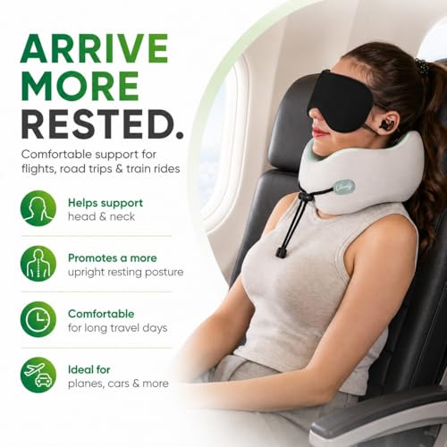 Memory Foam Travel Neck Pillow for Airplane Travel, Head and Chin Support, Adjustable Strap, Washable Cover, Carry Case
