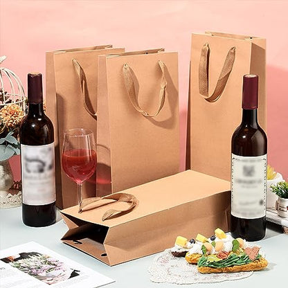 Yeaqee 50 Pack Wine Bags for Wine Double Bottles Gifts Carriers 6.6x3.6x13.8 Craft Bottle Bags Bulk with Handles Paper Tumbler Carriers, Party Gift Pocket with Handle(Brown) - color: Brown