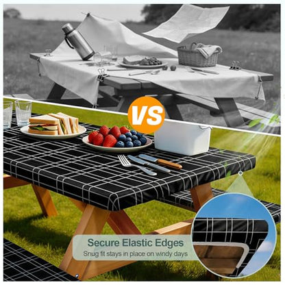 Picnic Table Cover with Bench Covers Camping Essentials Waterproof Windproof Camping Tablecloth with Drawstring Bag, Fitted Rectangle Tables and Seats, 96in, Black Checkered - color: Black Checkered, size: 96in