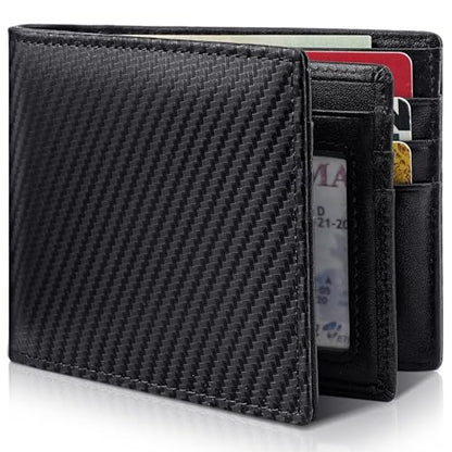 Artpaxy Mens Wallet Genuine Leather Bifold RFID Blocking Wallet for Men with 1 ID Window 13 Card Holders 2 cash pockets 1 Gift Box - color: Carbon Black