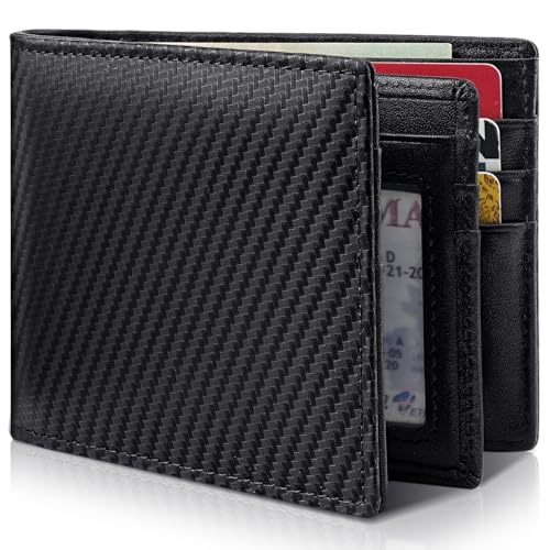 Artpaxy Mens Wallet Genuine Leather Bifold RFID Blocking Wallet for Men with 1 ID Window 13 Card Holders 2 cash pockets 1 Gift Box - color: Carbon Black