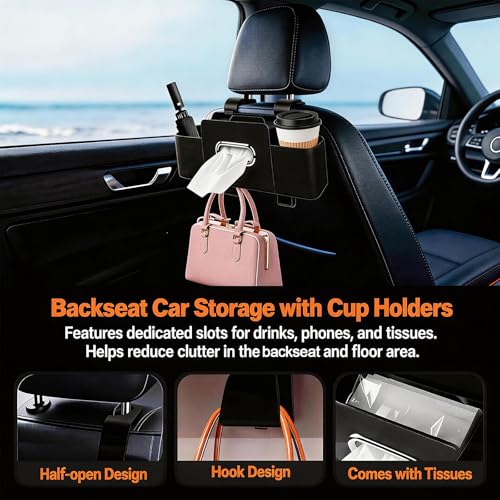 Car Organizer and Storage Box, Multifunctional Car Organizer Back Seat, Large Capacity Car Organizers and Storage Box for Phone, Drinks, Handbag, Travel Use, Compatible with Most Vehicles (Black)