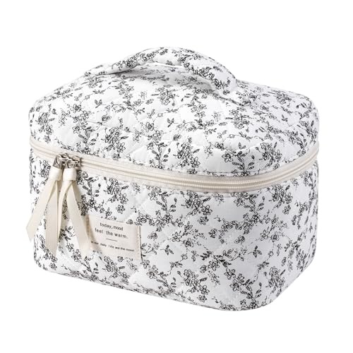 uekeboag Large Travel Quilted Makeup Bag for Women, Floral Cotton Cosmetic Bag, Coquette Aesthetic Floral Toiletry Organizer Bag - color: Black Flower