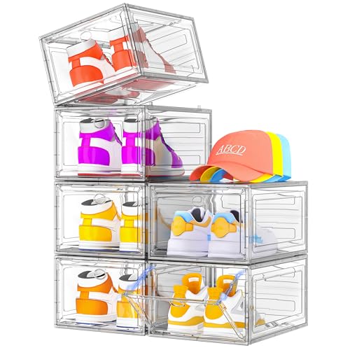 7 code Shoe Organizer, Clear Thickened Stackable Shoe Boxes with Magnetic Door, Collapsible Closet Storage Rack for Sneakers & Boots, 6 Pack White, Virgin Material, Not Recycled Plastic for Household - color: White, size: 6 pcs