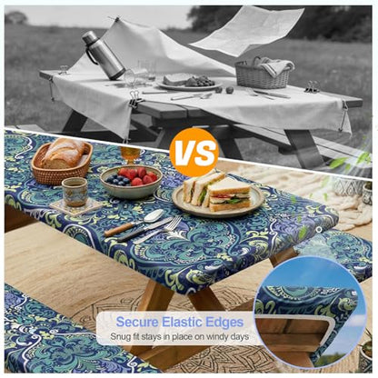 Picnic Table Cover with Bench Covers Camping Essentials Waterproof Windproof Camping Tablecloth with Drawstring Bag, Fitted Rectangle Tables and Seats, 72in, Deep Blue Green - color: Deep Blue Green, size: 72in