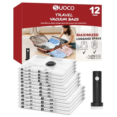 12 Pack Travel Vacuum Bags with Wireless Pump, Compression Packing Bags for Luggage and Suitcase, 3 Sizes (20/24/28 Inch) Space Save for Clothing Clothes