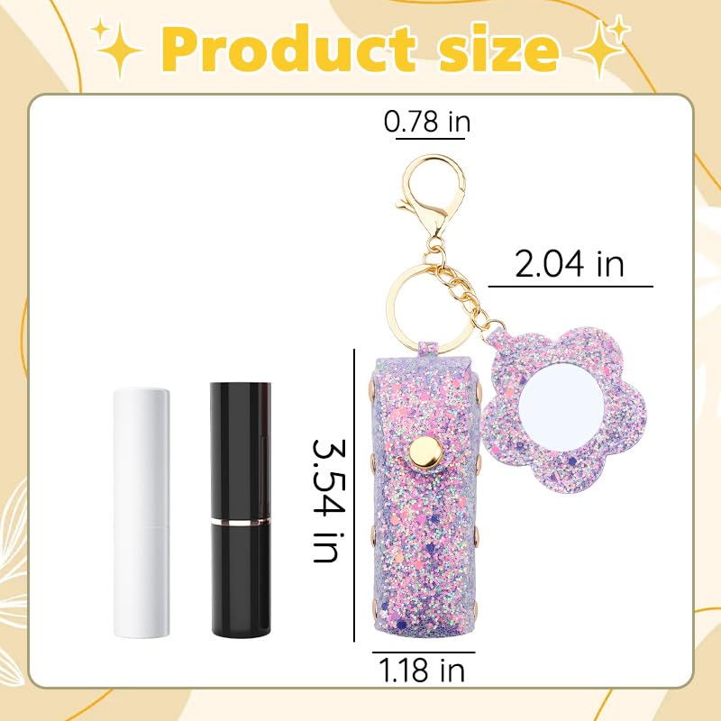 Sisadodo Glitter Lip Oil Holder Key Chains for Woman Lipstick Case with Mirror Lip Balm Keychain for Lipstick Case Keychain - color: Purple-flower
