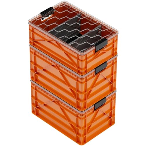 SIDIO Crate Pro Pack - 2 Full-Size & 1 Half-Size Heavy Duty Stackable Storage Bins, Totes and Containers with Lids and Dividers - Durable Plastic Organizer for Home, Office, Garage, and Outdoor Use - color: Orange