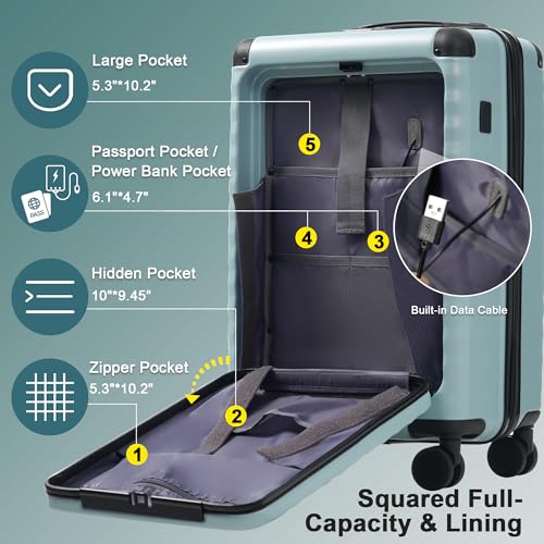 Merax Luggage Sets Front Opening, 3 Piece Hardshell Suitcase with Spinner Wheels and Bags,Lightweight Carry on Luggage with USB Port and Cup Holder,20+24+28,Light Blue - color: Light Blue, style: Front Open-20/24/28
