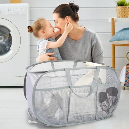 Collapsible Laundry Baskets, Upgrade Pop Up Laundry Hamper with Convenient Bags, Foldable Laundry Basket Mesh Light Weight, Easy to Carry Clothes Hampers for Laundry, Dorm, Toys, Travel Grey - color: Grey