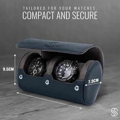2 Watch Travel Case for Men – Leather Roll Organizer & Storage Box, Fits Watches up to 55mm | Removable Cushions | Gift Ready (Midnight Navy/Charcoal Grey) - color: Midnight Navy / Charcoal Grey