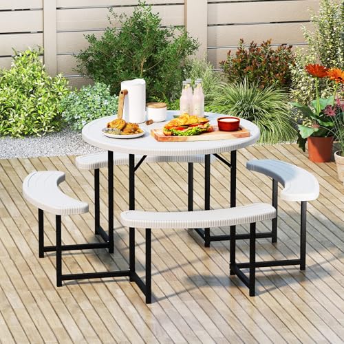 Tangkula 8 Person Picnic Table, HDPE Outdoor Round Table and Bench Set with 4 Built-in Benches, Umbrella Hole, Metal Frame for Garden Yard Patio Lawn - color: White