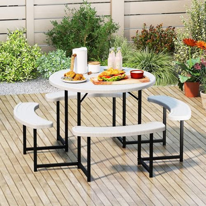 Tangkula 8 Person Picnic Table, HDPE Outdoor Round Table and Bench Set with 4 Built-in Benches, Umbrella Hole, Metal Frame for Garden Yard Patio Lawn - color: White