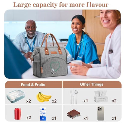 LOKASS Nurse Lunch Bag for Women, Embroidered Lunch Box with Special Nursing Design, Insulated Lunch Tote Ideal for Nurse Gifts, Neutral Grey - color: Gray - Stethoscope Heart