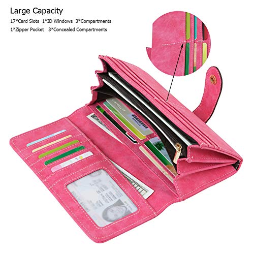 Women's Vegan Leather 17 Card Slots Card Holder Long Big Bifold Wallet - color: Rose