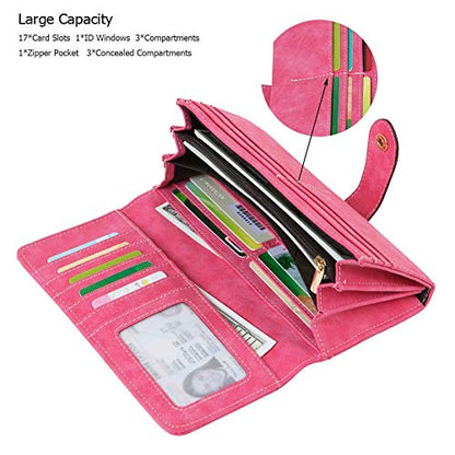 Women's Vegan Leather 17 Card Slots Card Holder Long Big Bifold Wallet - color: Rose