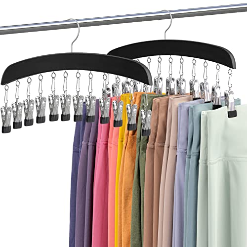 MEILIDY Leggings Hangers, Wooden Closet Hanging Leggings Storage Organizer Scarf Hangers with 24 Clips, 360° Swivel Hook, Black, 2 Pcs - color: Black