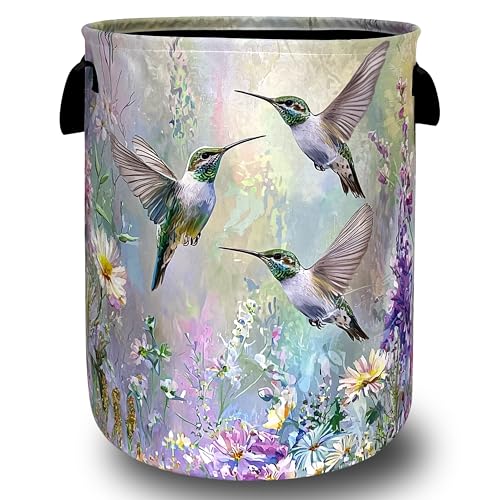 Beautiful Hummingbird Laundry Basket Oxford Cloth Colorful Floral Flower Laundry Hamper With Handle Foldable Portable Clothes Storage Basket Laundry Bag 18.9"x16.5" For Laundry Room/Bedroom/Bathrooms - color: Hummingbird Watercolor Floral