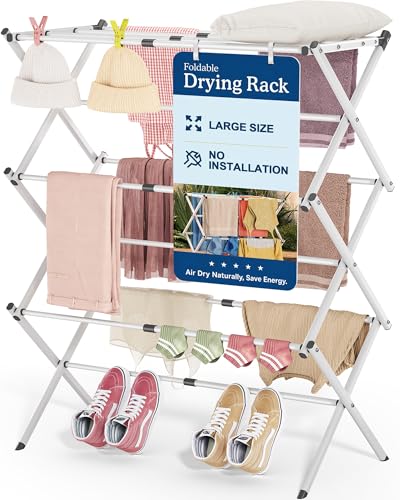 APEXCHASER Oversize Clothes Drying Rack, 3-Tier Drying Rack Clothing, Expandable Metal Laundry Drying Rack, Air Drying Rack, Clothes Rack, No install, 24lb Capacity, 14.9" D x 29.3" W x 39.3" H, White - color: White
