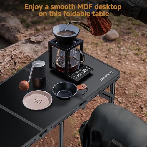 Folding Camping Table, 34.2"x15.7" 3 Adjustable Height Max 27.5" | Picnic Table Matte Black Aluminum Folding Table with Handle for Party, Dining, Garden, Patio, Market - style: 3-Fold MDF Tabletop