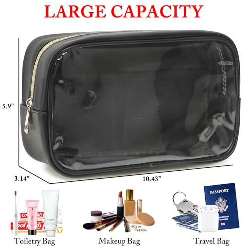 Fammart Clear Makeup Bag with 2 Customizable Chenille Letters - Waterproof PU Leather Cosmetic Case, Large Personalized Toiletry Pouch for Women & Teens, Ideal for Travel & Gift - color: Clear, Large - Black