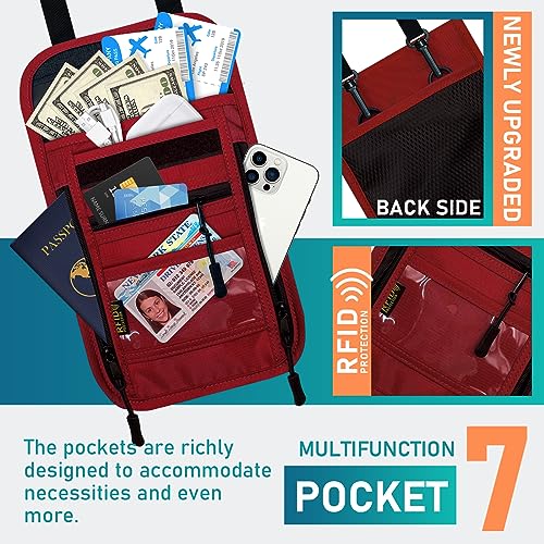 sundee Travel Neck Wallet with Double Zippers, RFID Blocking Passport Holder with Adjustable Neck Strap for Men and Women to Keep Cash, Credit Cards and Travel Documents Safe - Red - color: Red