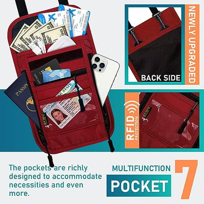 sundee Travel Neck Wallet with Double Zippers, RFID Blocking Passport Holder with Adjustable Neck Strap for Men and Women to Keep Cash, Credit Cards and Travel Documents Safe - Red - color: Red