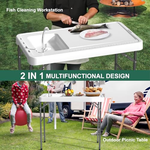 42.5" Fish Cleaning Table with Sink, Folding Camping Table & Fish Cleaning Station with Measure Mark, Camping Sink with Hose Hookup for Outdoor Picnic, Beach, Dock & Patio Use - style: Fish cleaning table