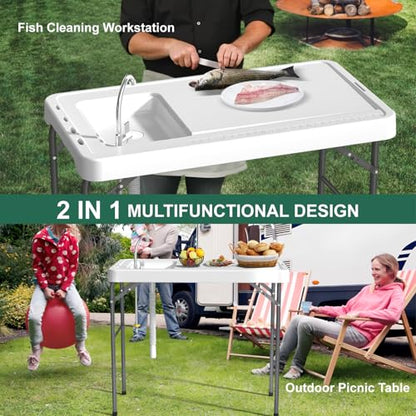 42.5" Fish Cleaning Table with Sink, Folding Camping Table & Fish Cleaning Station with Measure Mark, Camping Sink with Hose Hookup for Outdoor Picnic, Beach, Dock & Patio Use - style: Fish cleaning table