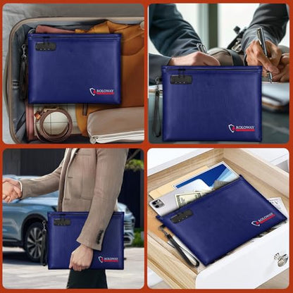 ROLOWAY Fireproof Document Bag (14.5 x 11.5 inch), 6400℉ Fireproof Money Bag with Zipper for Cash, Fire Safe Money Pouch with Lock (Blue) - color: Blue