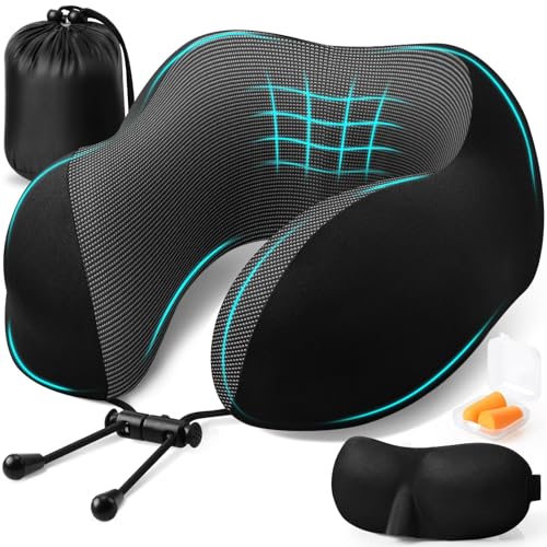 ExploreBliss Travel Pillow, Travel Pillows for Sleeping Airplane, Neck Pillow Airplane, Memory Foam Neck Pillow Set with Eye Mask, Earplugs and Storage Bag -Black - color: Black