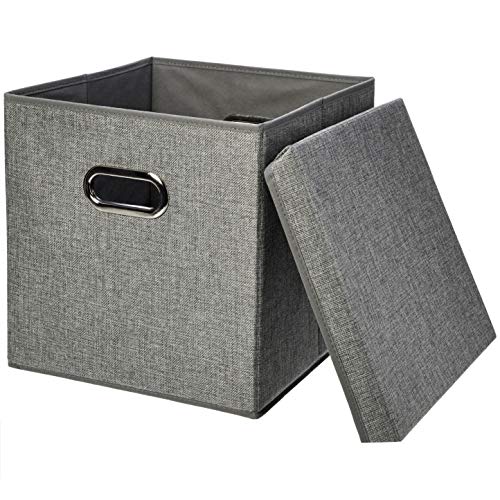 Amazon Basics Foldable Burlap Cloth Cube Storage Bins with Lid, Collapsible Organizing Containers, Stackable and Sturdy, Gray, Set of 2