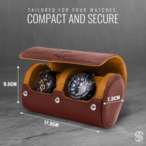 2 Watch Travel Case for Men – Leather Roll Organizer & Storage Box, Fits Watches up to 55mm | Removable Cushions | Gift Ready (Brown/Caramel) - color: Brown & Caramel