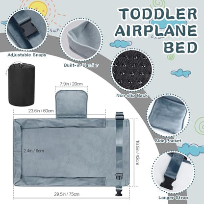 Toddler Airplane Bed - Airplane Seat Extender for Kids - Barrier Designed Flyaway Kids Bed Airplane with Pockets - Portable Plane Bed Foot Rest for Flights Travel Essentials Soft Flexible Edge - color: grey
