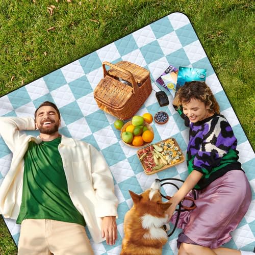 Waterproof Picnic Outdoor Blanket, 79" x 59" Sandproof Foldable Large Picnic Blanket for Beach, Camping, Park, Travel, Concert, Great Gift for Families and Couples (Aqua Checkered) - color: Aqua Checked
